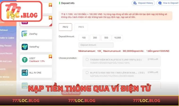Nạp Tiền 777LOC - Hướng Dẫn Quy Trình Thực Hiện Đơn Giản Nạp tiền thông qua ví điện tử